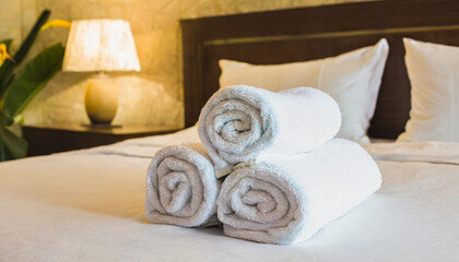 Stack of clean towels with flowers on bed in apartment.