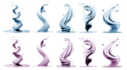 2 Set of pastel light blue purple cream liquid paint ink splash swirl wave on transparent background cutout, PNG file. Many assorted different design. Mockup template for artwork graphic design