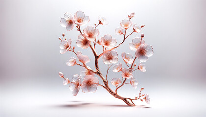 Sakura flowers frosted glass petals with pink gold branch 3D render style isolated on white background in concept luxury, modern, floral art.