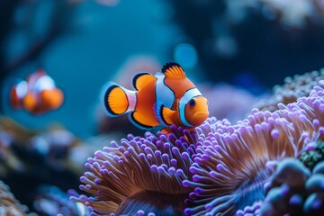 Fototapeta na wymiar Clownfish among sea anemones in vibrant coral reef, concept of marine life and underwater biodiversity