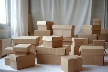 Assorted cardboard boxes in a room ready for moving day, concept of relocation and packaging