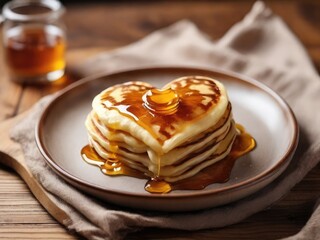 Heart shaped pancakes with honey