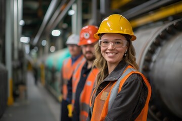 Female engineer with hard hat and safety vest at industrial facility, concept of women in industry and safety at work