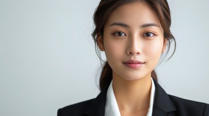 Millennial 35s woman portrait. Asian female freelancer in black suit. Girl headshot. Young adult entrepreneur person photo. Asia business career. White background. Successful confident businesswoman.