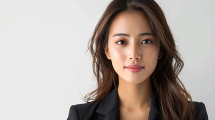 Millennial 35s woman portrait. Asian female freelancer in black suit. Girl headshot. Young adult entrepreneur person photo. Asia business career. White background. Successful confident businesswoman.