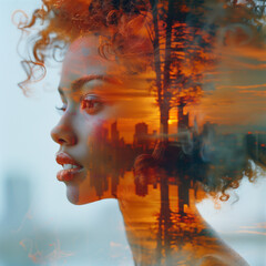 Reflection of a womans face in a window, showing a clear and detailed image of her features