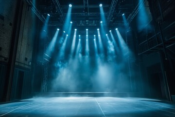 Empty stage with blue lighting and smoke effect, conceptualizing drama, performance, and entertainment in a theatrical setting - obrazy, fototapety, plakaty