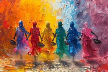 A painting depicting a group of people walking in the rain during the Holi Festival of Colors - obrazy, fototapety, plakaty