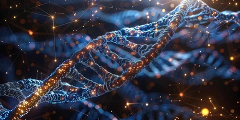 Foto op Plexiglas dna genome decoding technology icons figures interlaced The image is a representation of a DNA double helix. The blue and orange strands are intertwined and surrounded by a starry background. © Thai