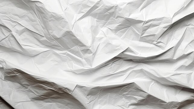 The surface of the paper is wrinkled top view The image is a close-up of a white crumpled sheet. The folds and wrinkles of the sheet create a sense of depth and texture. The image is well-lit, and the