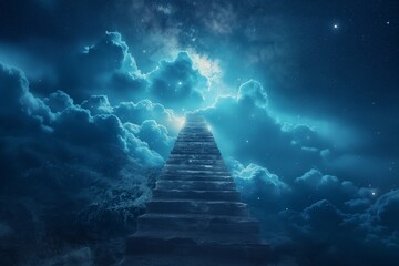 Mystical stairway ascending into a celestial night sky, invoking themes of mystery, discovery, and the pursuit of the unknown - obrazy, fototapety, plakaty