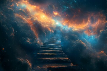 Stairway to heaven concept through a cosmic landscape, symbolizing journey, spirituality, and the quest for enlightenment - obrazy, fototapety, plakaty