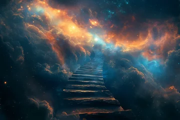 Muurstickers Stairway to heaven concept through a cosmic landscape, symbolizing journey, spirituality, and the quest for enlightenment © Suryani