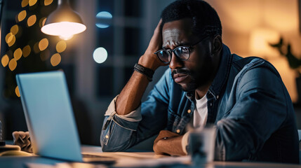 A man in glasses stressed in his work