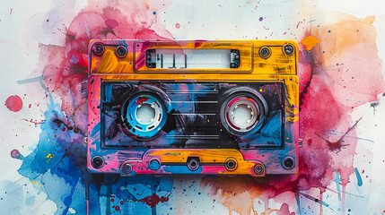 A watercolor cassette tape with 80s groovy graffiti symbolizing the vibrant music vibe of the era