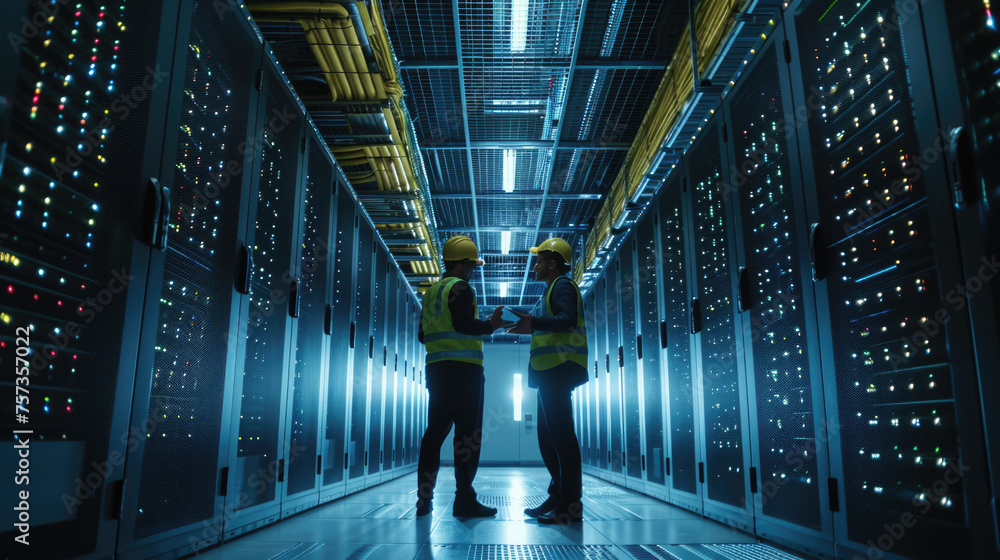 Poster two engineers having a discussion in the brightly illuminated aisle of a server room filled with rac