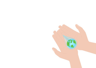 Save Water or Save the World Concept. Hand Holding Drop of Water and World. World Water Day and Environment day. Vector Illustration.