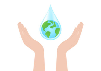 Save Water or Save the World Concept. Hand Holding Drop of Water and World. World Water Day and Environment day. Vector Illustration.