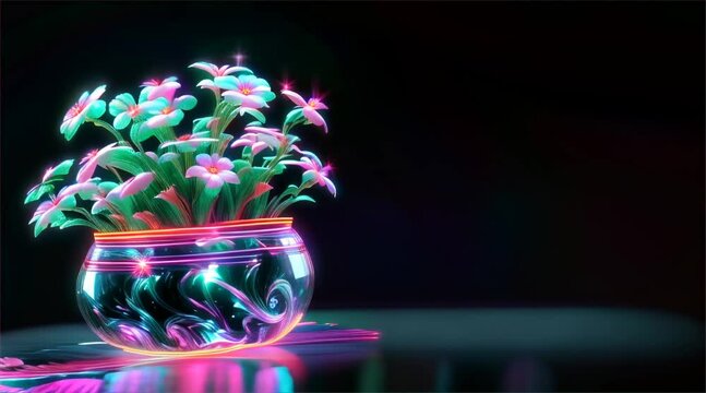 neon hologram of spring flower pot futuristic