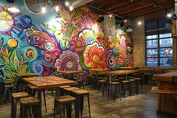 Obraz na płótnie Canvas Vibrant mural decorates a cozy cafe interior with wooden furniture.