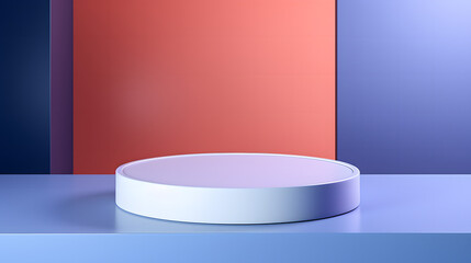 An aesthetically pleasing image of a glossy blue circular pedestal standing against a gradient wall of blue to crimson, exuding a modern and clean vibe