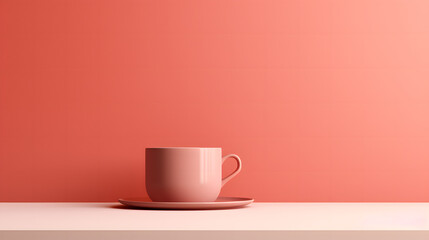 Warm-toned image depicting a coffee cup on a saucer, perfectly complementing the red homogeneous background and exuding a comforting vibe