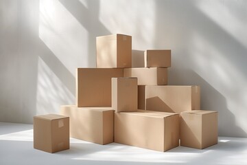 Stacked cardboard boxes in soft light, concept of moving, storage, and delivery services