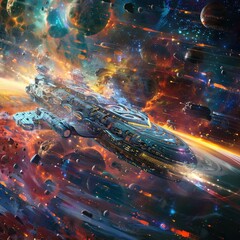 Produce a digital painting of a futuristic spacecraft traveling through a cosmic landscape