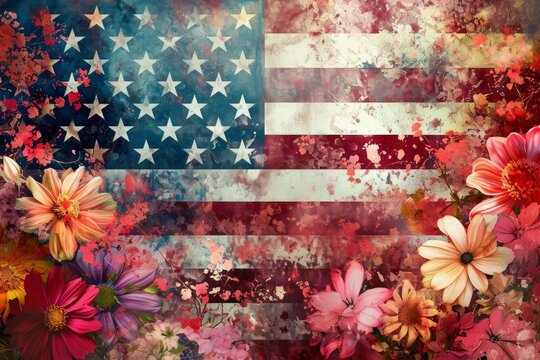 American flag floral. Pink garden sky. Generate Ai
