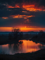 Obraz premium Tranquility sunset landscape with silhouette of trees