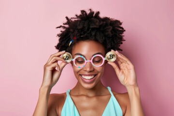 Young black woman holding bitcoin coins and smiling against pastel pink studio background