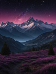 Beautiful fantasy landscape with starry sky and lavender field