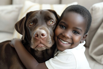 Smiling Child Embracing Loyal Chocolate Labrador on Cozy Couch, human-animal bond