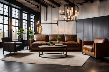 living room with a leather sofa and a statement floor lamp - obrazy, fototapety, plakaty