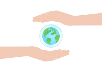 Save Water or Save the World Concept. Hand Holding Drop of Water and World. World Water Day and Environment day. Vector Illustration.