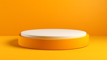 An empty round white platform highlighted by a bright orange background ready to display products or concepts