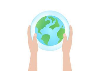 Save Water or Save the World Concept. Hand Holding Drop of Water and World. World Water Day and Environment day. Vector Illustration.