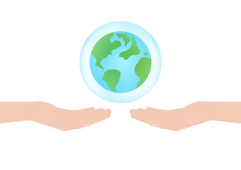 Save Water or Save the World Concept. Hand Holding Drop of Water and World. World Water Day and Environment day. Vector Illustration.