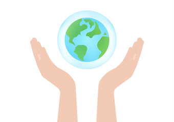 Save Water or Save the World Concept. Hand Holding Drop of Water and World. World Water Day and Environment day. Vector Illustration.