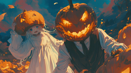 anime girl cute white ghost costume and pumpkin head - obrazy, fototapety, plakaty