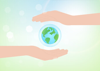 Save Water or Save the World Concept. Hand Holding Drop of Water and World. World Water Day and Environment day. Vector Illustration.