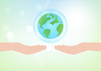 Save Water or Save the World Concept. Hand Holding Drop of Water and World. World Water Day and Environment day. Vector Illustration.