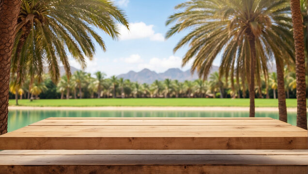 Empty wooden table for product display with date palm garden background