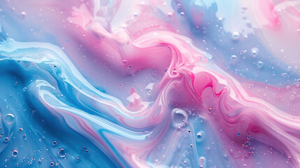 An elegant fluid art texture blending soft pastel tones of blue and pink with delicate bubble patterns - obrazy, fototapety, plakaty