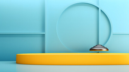 A 3D rendered image showcasing a minimalist geometric podium with blue and yellow contrasting colors, ideal for product display