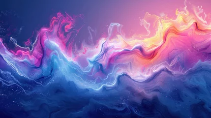 Foto op Plexiglas An expansive digital art piece evokes the sensation of ocean waves under a sunset sky, brimming with vibrant, glowing colors © Oksana