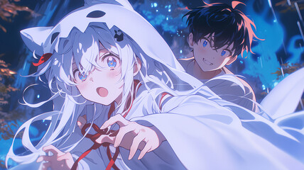 anime girl and boy doing roar pose, cute white ghost costume