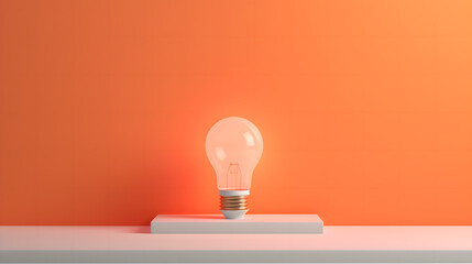 An illuminated lightbulb on a white platform against an orange backdrop symbolizing ideas and creativity