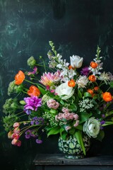 Colorful bouquet of fresh spring flowers on a dark textured background. Greeting card with space for text.
