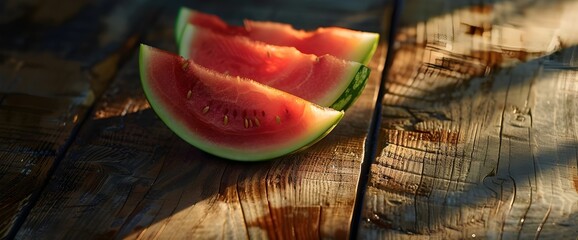 Sliced watermelon on a wooden table, sweet and cool taste, happiness, cool watermelon in summer, resting place.Generative AI